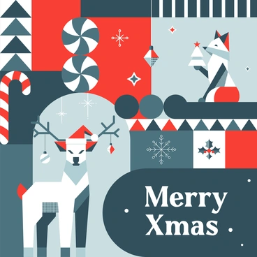 Reindeer and fox in festive geometric patterns - Nordic style illustration