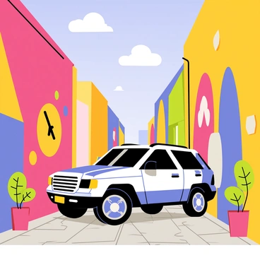 A trendy crossover SUV with a sleek design and shiny metallic paint is parked in a narrow urban alleyway. The alley is adorned with vibrant street art, featuring large bold murals in bright colors depicting abstract shapes and playful characters. The ground is made of grey cobblestones, contrasting with the colorful artwork on the walls. A few potted plants are placed nearby, adding a touch of greenery to the scene. The sky above is clear with a few fluffy white clouds, creating a lively urban atmosphere.