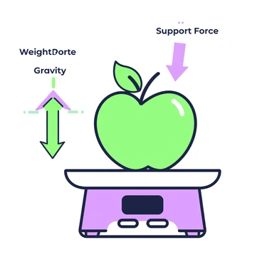 A piece of fruit, an apple, is placed on a weighing scale. The scale shows a clear digital readout of the weight. Above the apple, there are two arrows pointing downward, labeled "Weight" and "Gravity," indicating the forces acting on the apple. Below the scale, a green arrow points upward, labeled "Support Force," representing the force exerted by the scale. The background features a clean, minimalistic design to highlight the scale and the fruit.