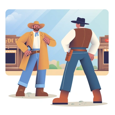 A cowboy with a wide-brimmed hat and a tan duster coat stands confidently in the center of a dusty desert town. He has a rugged face with a five o'clock shadow and is gripping the handle of a revolver at his hip. Across from him, an outlaw wearing a black hat and a worn leather vest is poised in a defensive stance. The ground is littered with fine sand and small stones, and wooden structures in the background depict an old saloon and a general store. The sky above is a clear blue, with a few wispy clouds drifting by. Sunlight casts long shadows, emphasizing the tension between the two figures.