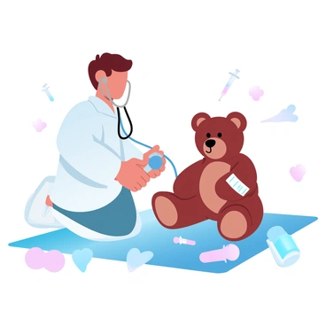 A child is wearing a white lab coat and holding a toy stethoscope, examining a teddy bear. The child is kneeling on a colorful play mat. The teddy bear is sitting upright, wearing a playful little bandage on one of its arms. Various toys and medical tools are scattered around, including a toy syringe and a small doctor’s bag. The scene is bright and filled with soft, gradient pastel colors.