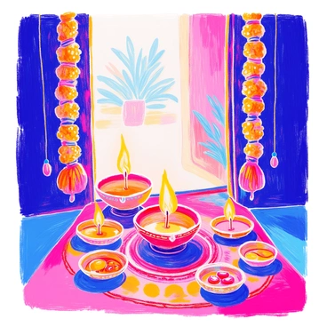 A vibrant Diwali setup features colorful marigold garlands draped elegantly across a doorway. In the center, there are several flickering oil lamps arranged on a beautifully decorated table. The table is adorned with a traditional rangoli design made from colorful powders. Surrounding the oil lamps, there are small offerings of sweets placed on decorative plates. The soft glow of the lamps illuminates the scene, creating a warm and festive atmosphere.