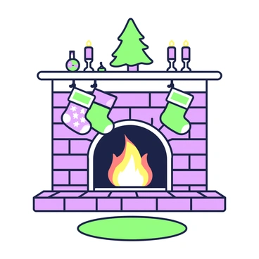 A cozy fireplace is set in a warm room with a brick surround. Above the fireplace, there is a mantle adorned with three stockings hanging from hooks. Each stocking is uniquely patterned, featuring intricate designs in green and purple. In the center of the mantle, a fire triangle is subtly integrated, formed by the arrangement of decorative items such as a small evergreen tree and two candles placed at either end. The fireplace itself is lit, with bright flames visible, casting gentle shadows across the room. On the floor in front of the fireplace, a soft rug adds to the warmth of the scene.