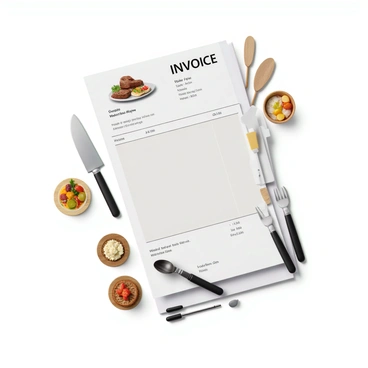 An invoice featuring a variety of illustrated gourmet dishes arranged elegantly. The dishes include a beautifully plated steak with a side of colorful vegetables, a delicate seafood risotto in a stylish bowl, and a vibrant fruit tart. Surrounding the dishes are kitchen utensils, such as a polished stainless steel chef's knife, a wooden cutting board, and measuring spoons. The invoice has a clean, professional layout with ample space for item descriptions and prices, integrating the illustrations seamlessly into the design.