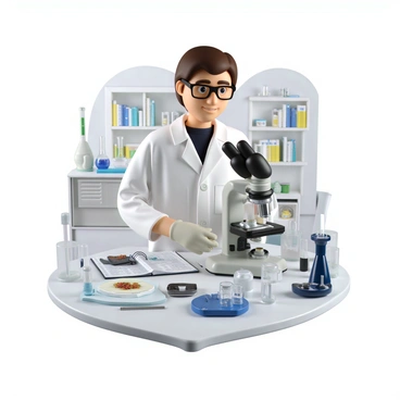 A pathologist with short brown hair and glasses is wearing a white lab coat and gloves. He is focused on a glass microscope on a lab bench. The microscope has multiple lenses and an illuminated stage. Next to the microscope, there is a slide with a specimen, surrounded by various lab equipment including pipettes, test tubes, and a notebook. The background features shelves filled with medical books and additional scientific instruments.