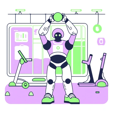 A friendly robot with a sleek design is demonstrating kettlebell exercises in a futuristic gym. The robot has articulated arms and a glowing core. It is lifting a green kettlebell with both hands above its head, showcasing proper form. Surrounding the robot, there are various exercise equipment like treadmills and weight benches. The gym features large windows that let in natural light and futuristic lighting fixtures hanging from the ceiling. In the background, a digital screen displays workout instructions and progress.