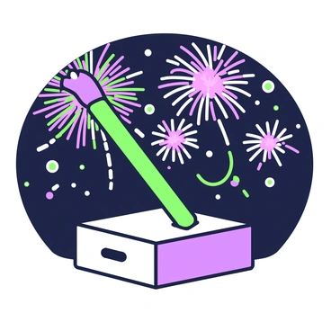 A matchstick is held above a matchbox, with the striking side facing down. The matchstick is poised in a way that suggests it is about to ignite. The matchbox features a simple design with a sliding drawer. In the background, vibrant fireworks are bursting in the night sky, showcasing various shapes and sizes. The fireworks contrast against the dark backdrop, illuminating the scene with their brilliance.