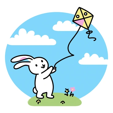 A bunny with soft white fur and long ears is holding the string of a vibrant kite. The kite is shaped like an Easter egg, featuring colorful patterns like polka dots and stripes. The bunny is depicted standing on a grassy hill, with a few wildflowers scattered around its feet. The background shows a bright blue sky filled with fluffy white clouds, and the wind is causing the kite to soar high above. The scene conveys a sense of playfulness and joy as the bunny enjoys flying the kite on a breezy day.