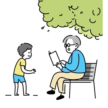 An elderly person with silver hair and glasses, sitting on a wooden bench under the shade of a large green tree. The elderly person is wearing a light blue sweater and beige pants, animatedly sharing stories with a young child. The child, with short brown hair and wearing a yellow shirt and denim shorts, is leaning forward with wide eyes, listening intently. Sunlight filters through the leaves of the tree, casting dappled shadows on the ground around them.