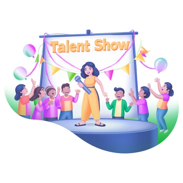 A school host standing on a stage, holding a microphone and smiling. The host is wearing a bright outfit. Surrounding the host are excited students clapping and cheering, showcasing a diverse group of children. Colorful decorations, including balloons, streamers, and banners, hang from the stage and fill the background with a festive atmosphere. The words "Talent Show" are displayed prominently in bold, cheerful letters above the stage.