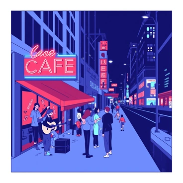 A vibrant urban street scene at night illuminated by "neon signs" in "red" and "blue." The sidewalk is bustling with people, some stopping to admire the bright lights. Tall buildings rise on either side, their windows reflecting the glow from the signs. A couple of street performers are entertaining a small crowd near a "neon" cafe sign. The atmosphere is lively, with the sounds of laughter and music filling the air.