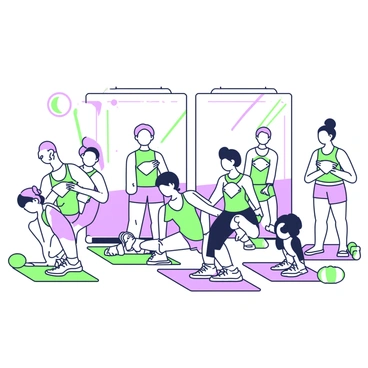 A fitness class is taking place in a spacious gym. A group of six people is positioned on exercise mats, performing synchronized diamond push-ups. Each individual has their hands placed in a diamond shape beneath their chests. The participants, two men and four women, exhibit a diverse range of hair types and colors. They are wearing various athletic outfits, including tank tops and shorts. In the background, there are large mirrors reflecting their movements and a few colorful exercise balls scattered around the room. Bright overhead lights illuminate the scene, highlighting the focus and determination on their faces as they engage in their workout.