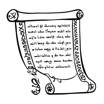 An ancient scroll unfurled on a textured surface, showcasing intricate engravings along its edges. The scroll reveals archaic script inscribed with precision across its length. Decorative motifs and symbols are intertwined with the lettering, enhancing its historical significance. The overall composition emphasizes the aged appearance of the scroll, with frayed edges and a timeworn texture evident throughout.