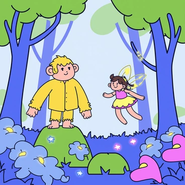 A monkey named Wukong with a golden fur coat stands on a mossy rock. In front of him is a magical fairy with delicate wings that shimmer in various colors. The fairy is hovering slightly above the ground and has long flowing hair adorned with tiny glowing flowers. The enchanted forest around them is filled with trees that have twisting trunks and vibrant green leaves. Glowing flowers in shades of blue, pink, and purple illuminate the scene, creating a whimsical atmosphere. Soft light filters through the tree branches, casting playful shadows on the forest floor.