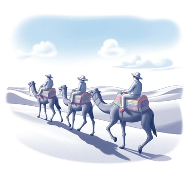 A caravan of camels is traversing expansive sand dunes. Each camel is adorned with colorful saddles, and they carry tourists who are seated comfortably. The tourists are wearing wide-brimmed hats and sunglasses to shield themselves from the sun. The sand dunes are rolling and undulating, creating a dynamic landscape. Above, a bright blue sky stretches across the scene, dotted with a few fluffy white clouds. A gentle breeze causes small grains of sand to ripple across the surface of the dunes.