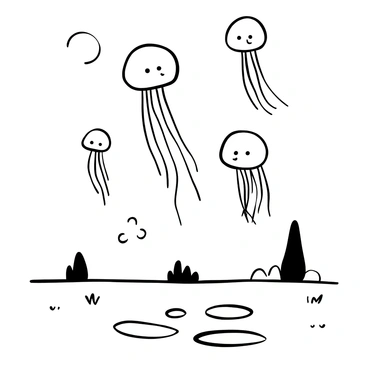 Jellyfish of various sizes cascading gently from the sky, resembling drops of rain. The jellyfish have delicate, flowing tentacles that trail behind them as they descend. Below, a peaceful landscape is dotted with puddles forming on the ground, each reflecting the falling jellyfish. Some jellyfish have a slightly rounded bell shape, while others have more elongated forms. The scene conveys a surreal moment as nature's elements come together in a unique display.