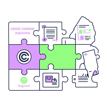 A jigsaw puzzle is laid out on a flat surface. Each piece of the puzzle displays a different element related to illustration usage rights. One piece features a "copyright" symbol in the center, surrounded by a border. Another piece shows an illustration of a "license agreement" document, with text and lines for signatures. A third piece displays a "creative commons" logo alongside various attribution terms. Additional pieces represent concepts such as "royalty-free," "public domain," and "usage restrictions." The pieces are interlocked, demonstrating the interconnected nature of these concepts, with an empty space indicating a missing piece that symbolizes "originality."