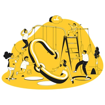 A group of children is playing in a playground filled with various colorful equipment. They are interacting with large toy carabiners, using them to connect ropes or climb on small structures. The children are of different ages and ethnic backgrounds, all smiling and engaged in their play. In the background, there are swings, slides, and climbing frames, creating a lively atmosphere. The ground is covered with soft mats, adding safety to the scene.