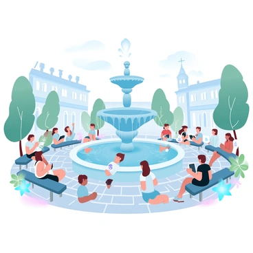 A group of people is sitting and chatting on benches around a large, ornate fountain in Saint-André Square. The fountain features multiple tiers of flowing water, surrounded by lush greenery and decorative flowers. Some individuals are reading books, while others enjoy refreshments from nearby cafés. In the background, historic buildings with intricate architecture add to the atmosphere, and the sunlight creates soft shadows on the cobblestone pavement. A few children are playing nearby, splashing in the water, while others are tossing coins into the fountain.