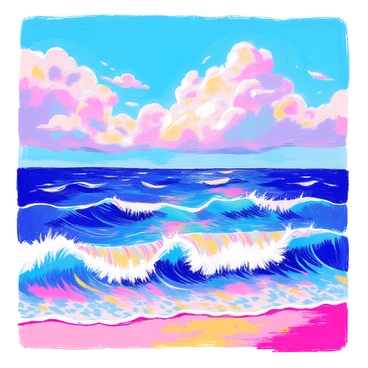 A view of ocean waves crashing against the shore, with the frothy white peaks of the waves visible. The ocean is a deep blue, reflecting the sunlight. Above, a cloud-filled sky stretches out, with fluffy white clouds floating interspersed among shades of blue. The horizon is where the ocean and the sky meet, creating a smooth transition between the two. The scene captures the movement of the waves and the varying textures of the clouds above.