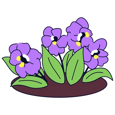A cozy garden corner featuring clusters of vibrant purple violets. The flowers are blooming with delicate petals, soaking up the warm sunlight. The background includes a few green leaves providing a natural frame around the violets. The soil is rich and dark, contrasting with the bright colors of the flowers. A gentle breeze can be imagined rustling through the blooms.