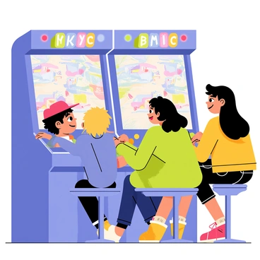 A group of four teenagers sitting in front of a large arcade machine. Two boys and two girls are leaning toward the screen with intense concentration. One boy has black hair and is wearing a red cap, while the other has blonde hair and is wearing a blue hoodie. One girl has curly brown hair and is wearing a green t-shirt, and the other girl has straight black hair and is wearing a yellow jacket. Bright colorful lights from the arcade machine illuminate their faces. The game screen displays vibrant animated graphics showcasing an action-packed scene. Joyful expressions can be seen as they interact with the controls, surrounded by other arcade machines in the background.
