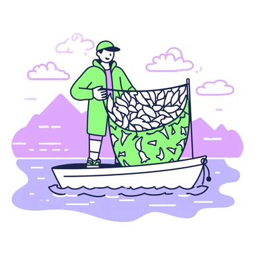 A fisherman is standing on the edge of a boat, wearing a hat and a rain jacket. He has a large net in his hands, which is filled with a multitude of fish. The net is dripping with water, showcasing the fresh catch. The fisherman is smiling, highlighting his satisfaction with the day's haul. The area around him shows ripples in the water, indicating movement and activity. In the background, the silhouette of distant mountains is discernible against the horizon, while clouds float above.