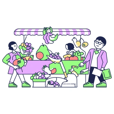 A lively fruit market scene is depicted, filled with various fruits that each have distinct personalities. A cheerful orange with a big smile is rolling towards a shopper, while a sophisticated-looking apple, wearing glasses, stands on a small pedestal and engages in conversation with a group of interested customers. Nearby, a group of bananas with playful expressions is swinging from a stall, trying to grab the attention of a young child. A vigilant pear is observing the interactions from a basket, while a cluster of grapes is huddled together, whispering jokes to one another. The market is bustling with shoppers, and colorful displays of fruits are arranged neatly on the tables.