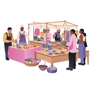 A vibrant market scene with multiple vendors from different cultures setting up their stands. On the left, a vendor of South Asian descent arranges colorful spices in small glass jars, with red, yellow, and green powders creating a visually striking display. Next to him, a Middle-Eastern vendor, with olive skin and a traditional headdress, showcases handcrafted jewelry and intricate lanterns, with light reflecting off the shiny surfaces. To the right, an African vendor is displaying vibrant fabrics and textiles, draping them artfully over her wooden stall. In the background, people are browsing the stands, and a variety of exotic fruits and vegetables are visible on the tables, adding to the lively atmosphere. The sky is clear, and the sun casts warm light over the scene.