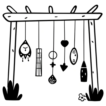 A collection of handmade wind chimes hanging from a wooden pergola in a garden. Each wind chime displays a unique design, with various shapes such as circles, stars, and hearts. The chimes are made from materials like metal, bamboo, and glass, and they dangle at different lengths. Green leaves from surrounding plants frame the scene, and small flowers are scattered around the base of the pergola. The wind gently sways the chimes, creating a soft, rhythmic sound.
