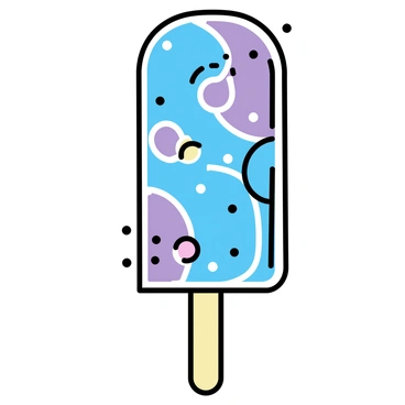 A popsicle with a vibrant swirl of colors, resembling a galaxy. The surface shows intricate patterns of blues, purples, and whites, giving it a cosmic feel. Small white dots represent stars scattered across the swirling design, while tiny circular shapes in various colors symbolize planets. The popsicle is positioned upright against a simple, light background.