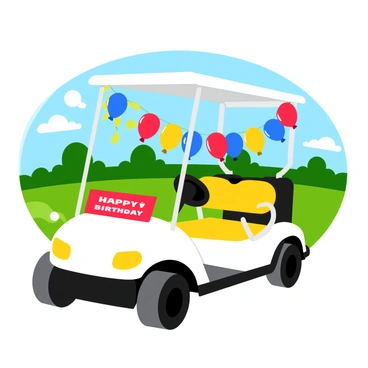 A white golf cart adorned with colorful balloons in various shades of red, blue, and yellow. The cart features vibrant streamers hanging from the sides, dancing in the breeze. In the background, a well-maintained golf course with green grass and a clear blue sky can be seen. A "Happy Birthday" sign is attached to the front of the cart, adding to the festive atmosphere. The scene is lively and filled with fun details, perfect for a birthday celebration on the course.