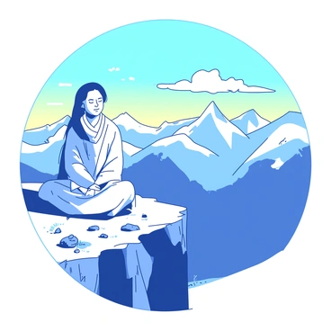 A person dressed in a white robe is sitting cross-legged on the edge of a rocky cliff. The person has their eyes closed, with a peaceful expression on their face. Below, a breathtaking mountain range stretches into the distance, with snow-capped peaks reflecting the sunlight. The sky above is a gradient of two colors: a deep blue at the top fading into a soft yellow near the horizon. The cliff is adorned with small patches of green grass and scattered rocks, while wispy clouds drift lazily above the mountains.