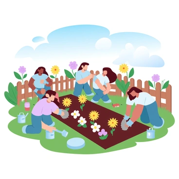 A group of volunteers is planting colorful flowers in a community garden. The volunteers are wearing gardening gloves and are kneeling on the ground, digging small holes for the flowers. There are various flower species visible, including bright yellow sunflowers and purple petunias, which are arranged in neat rows. Lush green grass surrounds the planting area, and a clear blue sky is overhead with a few fluffy white clouds. Garden tools, such as shovels and watering cans, are scattered around the volunteers. A wooden fence outlines the garden, adding to the overall community atmosphere.