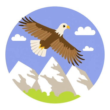 An eagle with brown feathers and a white head is soaring high above rugged, snow-capped mountains. The eagle's wings are fully extended, showcasing its impressive wingspan. Below, the mountains are depicted in various shades of gray and white, with patches of green forest visible on their slopes. The sky is a bright blue, with a few fluffy white clouds scattered throughout. The eagle's sharp eyes are focused ahead, embodying the essence of strength and freedom.