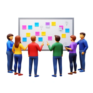 A group of diverse stakeholders standing together around a large whiteboard. The whiteboard is covered in colorful sticky notes of various sizes. The sticky notes display a range of ideas and concepts. Each stakeholder is actively engaged in discussing their thoughts. The setting conveys a professional atmosphere, with some stakeholders taking notes on notepads and others pointing at the notes on the board.