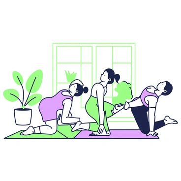 A group of three friends is positioned on colorful yoga mats, engaging in the cat-cow stretch. They are kneeling on all fours, with their backs arched and heads tilted upwards in the cow position, and then curving their spines downwards for the cat position. Each friend has a wide smile, showcasing their enjoyment and laughter as they attempt to synchronize their movements. The friends are wearing various athletic clothing, and their hair is pulled back in ponytails or buns. In the background, there are plants in pots and a window letting in natural light.