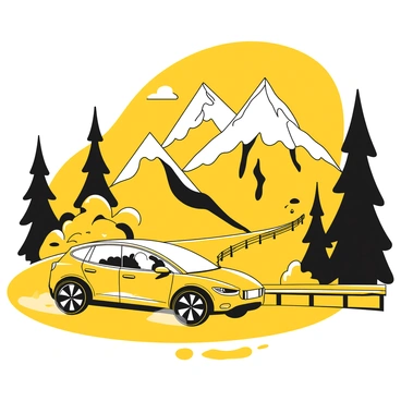 An electric car with sleek lines and a modern design drives along a winding mountain road. The car's windows reflect the surrounding scenery. Majestic snow-capped peaks rise prominently in the background, surrounded by lush trees and rocky slopes. The road curves tightly around the mountains, with a guardrail on one side, providing safety while showcasing the breathtaking landscape. A clear sky is visible above, enhancing the picturesque setting.