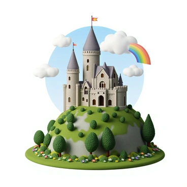 A magical fairytale castle with tall, pointed towers and intricate stone detailing, perched majestically on a green hill. The castle features large arched windows and colorful banners hanging from its towers. Surrounding the hill are fluffy white clouds, and a vibrant rainbow arcs across the blue sky in the background. Lush greenery and colorful flowers line the base of the hill, adding to the enchanting atmosphere.