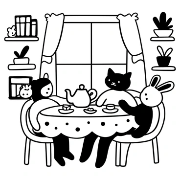 A cat sitting at a small round table with a teapot and cups in front of it. Stuffed animal guests, including a teddy bear and a bunny, are seated around the table. The room is filled with a few potted plants and shelves lined with books. A patterned tablecloth covers the table, and there are plates of cookies beside the teapot. A window with curtains allows light to stream in, illuminating the cozy atmosphere.