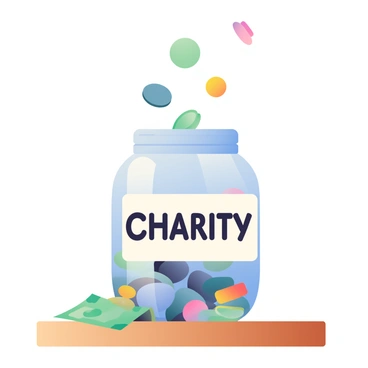 A transparent jar labeled "Charity" is placed on a wooden table. The jar is nearly full, with various coins of different sizes and colors visible inside. Scattered around the jar are several folded banknotes, showcasing a mix of colors. A few coins are caught mid-air, as if being dropped into the jar, while others are partially stacked on the edge of the jar. The label "Charity" is written in bold, black letters on a white background, affixed to the front of the jar. Soft light reflects off the glass surface, creating gentle highlights around the jar.