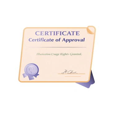A digital flat illustration of a certificate. The certificate is rectangular with a decorative border in gold. In the center, there is a large, bold text that reads "Certificate of Approval" in blue. Below this, in smaller text, it states "Illustration Usage Rights Granted." There is a silver seal with a ribbon at the bottom left corner of the certificate, displaying an emblem. On the bottom right corner, there is a signature line with a name written in elegant cursive. The background of the certificate is white, making the text and seals stand out clearly.
