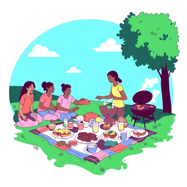 A blue sky is dotted with a few white clouds, creating a vibrant backdrop for a picnic scene. In the foreground, a lush green blanket is spread out on the grass, filled with an assortment of colorful food items such as sandwiches, fruits, and drinks in cheerful paper cups. A group of diverse individuals, including two children laughing and playing frisbee, are scattered around the picnic. A woman is pouring lemonade into glasses while a man barbecues nearby. Trees with green leaves provide partial shade, creating a lively and joyful atmosphere filled with laughter and relaxation.