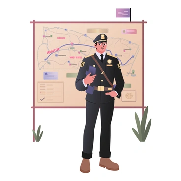 A digital flat illustration featuring an imposing border guard standing in a confident stance. The guard is wearing a dark uniform adorned with badges, and a hat with a distinctive insignia. He has a stern expression on his face and is holding a radio in one hand. Behind him is a large, detailed map that has different routes clearly marked with the word "Protected" in bold red letters. The map is mounted on the wall and includes various symbols indicating checkpoints and restricted areas. There are additional elements such as a small flag on a pole next to the guard and a few green foliage accents around the scene for added context.