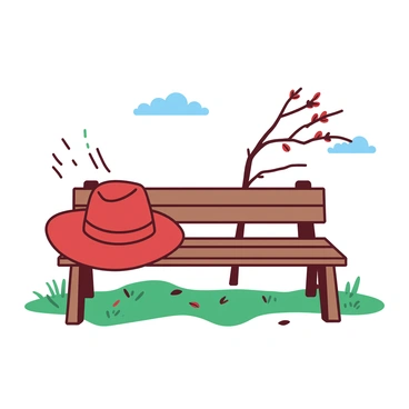 A red hat is sitting on a wooden park bench, slightly tilted as the wind begins to lift it. The bench is surrounded by green grass and a few scattered brown leaves. In the background, a gentle breeze is causing nearby branches to sway, and a few clouds float across a pale blue sky. The hat is starting to roll off the edge of the bench, caught in the movement of the wind.