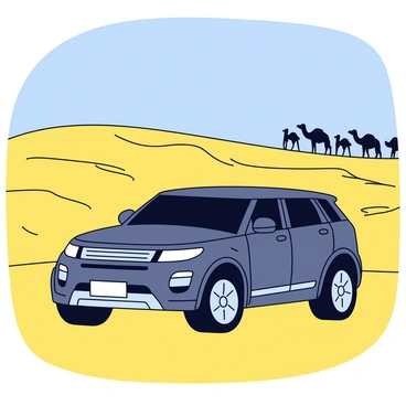 A Range Rover with a sleek, modern design parked on a sandy dune in the desert. The vehicle's color is a deep metallic gray, reflecting the sunlight. In the background, several camels are silhouetted against the horizon, their shapes distinct against the golden sands. The dune features gentle slopes and ripples, showcasing the texture of the sand. The sky above is a clear blue, enhancing the warm colors of the desert landscape.