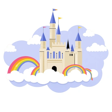 A majestic castle with tall, pointed towers and a large drawbridge sits afloat in a sea of fluffy white clouds. The castle is adorned with colorful banners that flutter in the breeze. Connecting the castle to the ground are several vibrant rainbow bridges that arc gracefully through the sky. The clouds surrounding the castle are soft and billowy, creating a dreamlike atmosphere. In the background, a clear blue sky stretches endlessly, enhancing the enchanting scene.