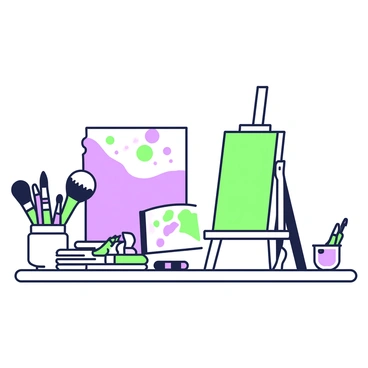 An artist's desk is filled with an array of art supplies and tools. On the left side, there are brushes of various sizes standing in a jar. Next to the jar, a palette with splashes of different colors sits atop a stack of papers. In the center, there are tubes of paint scattered around, some open and others closed. A notebook filled with sketches is partially visible beneath several colored pencils placed haphazardly. In the background, a canvas stands on an easel, leaning slightly, waiting for the artist's touch.