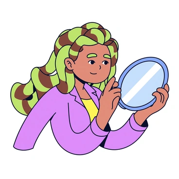 A woman with long, flowing hair made up of snakes is gazing intently into a handheld mirror. The snakes display various shades of green and brown, each writhing and coiling around her head. The woman's features are sharp and striking, with a focused expression as she examines her reflection. The mirror's surface glimmers slightly, reflecting light in a way that emphasizes her gaze. The background is simple and unobtrusive, allowing the focus to remain on the woman and the mirror.