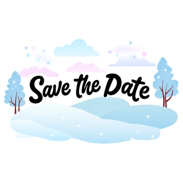 A snowy landscape features a vast expanse of white snow covering rolling hills. In the foreground, "Save the Date" is elegantly spelled out in large, clear letters, created by careful arrangements of snow and a subtle design. Frost-covered trees line the edges of the scene, their branches heavy with fresh snow. The sky above is a soft gradient of pastel colors, transitioning from light blue to gentle pink, suggesting a serene winter morning. The overall composition showcases the beauty of the winter season while highlighting the message in the snow.